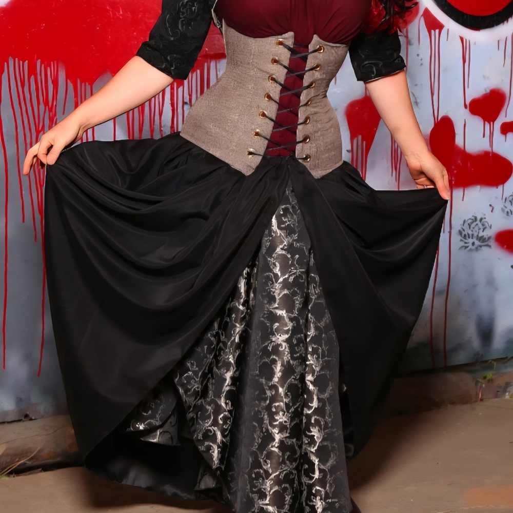 Split Front Overskirt in Black Crepe Satin - The Cask and Casket Collection